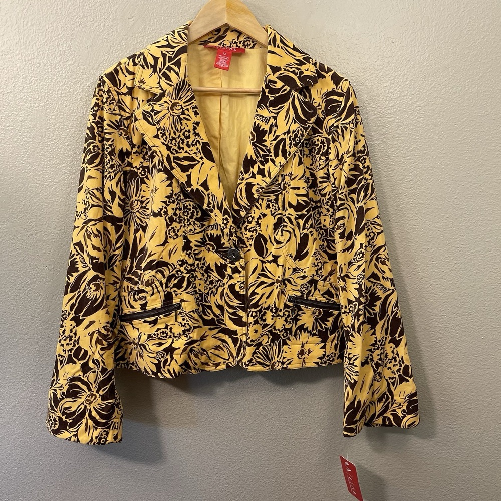 VTG NEW A Line Maximalist Floral Velvet Blazer Yellow Brown Artsy Boho Sz 12